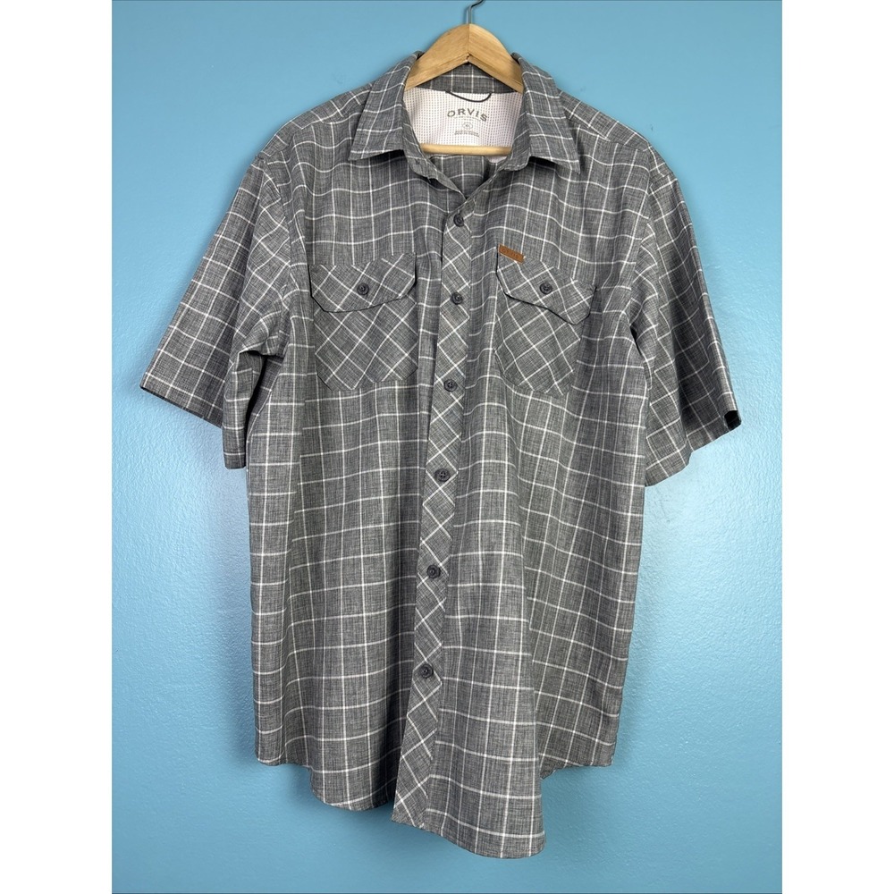 Orvis Mens XL Short Sleeve Button Up Shirt Gray Plaid Pockets Outdoor Gorpcore